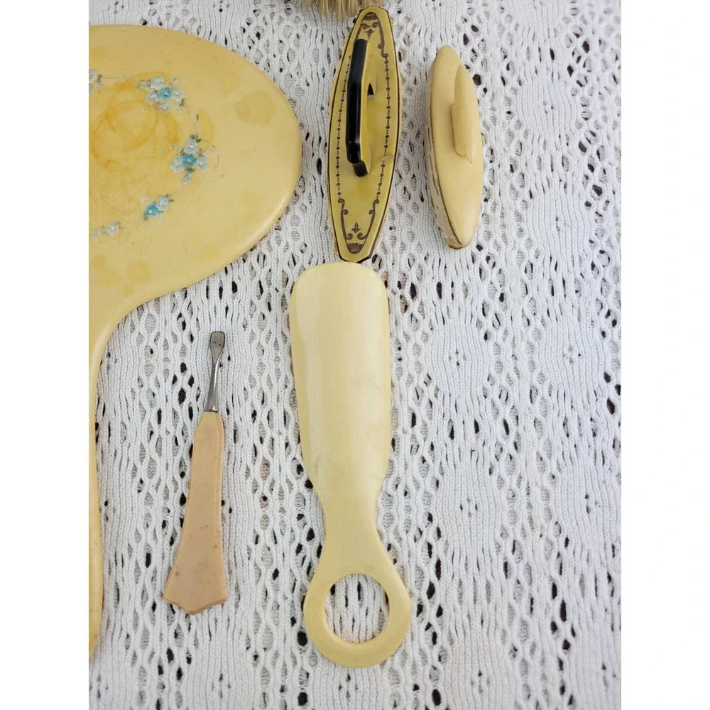 Vintage Celluloid or Pyralin Brush Frame Mirror Shoe Horn Nail Vanity Set of 11